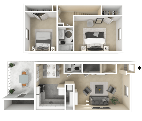 Floor plan for 2 beds, 1.5 baths, 985 sqft